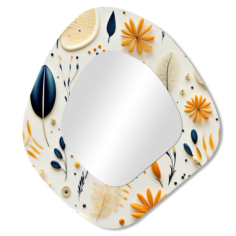 Motif bohème bleu et blanc de fougères minimaliste - miroir mural décoratif de forme unique floral, miroir Freeform Cottage, impression d'art en métal