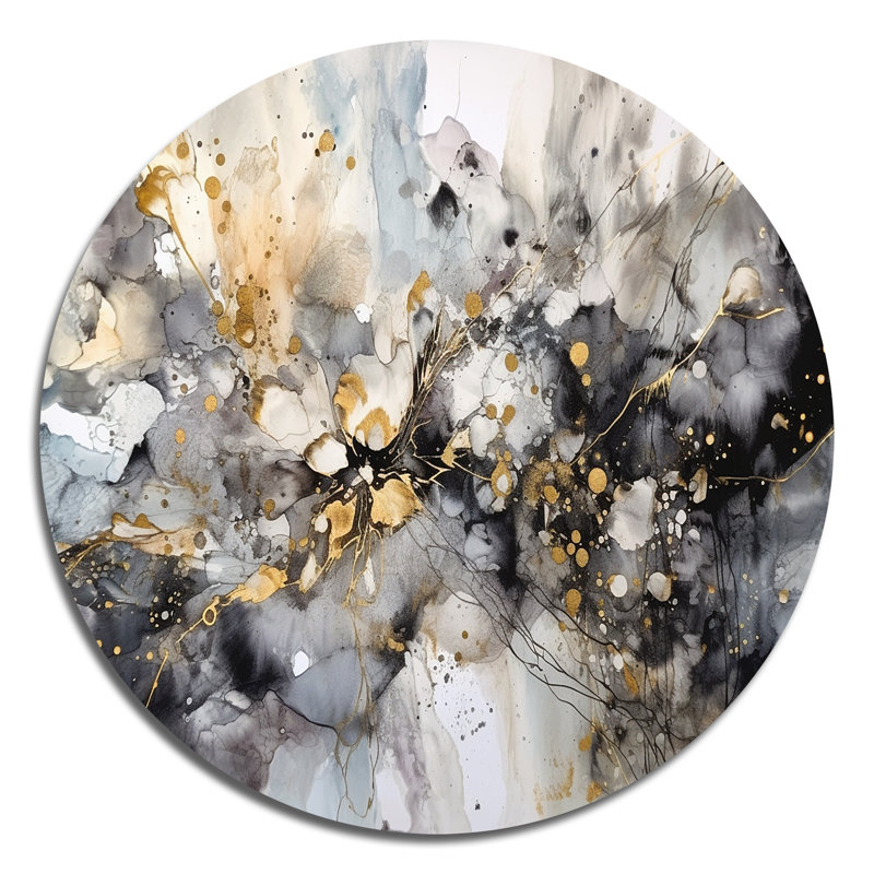 Grey Gold Delicate Abstract Brushstrokes II - Abstract Marble Round Wall Art on Metal, 23" H x 23" W x 1" D