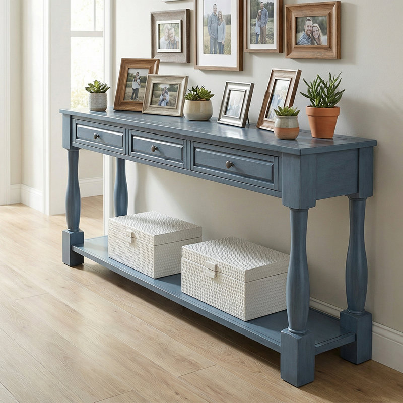 63” Extra-Long Console Table With 3 Drawers And Bottom Shelf, Rustic Entryway Table For Hallway, Living Room, Or Foyer Decor