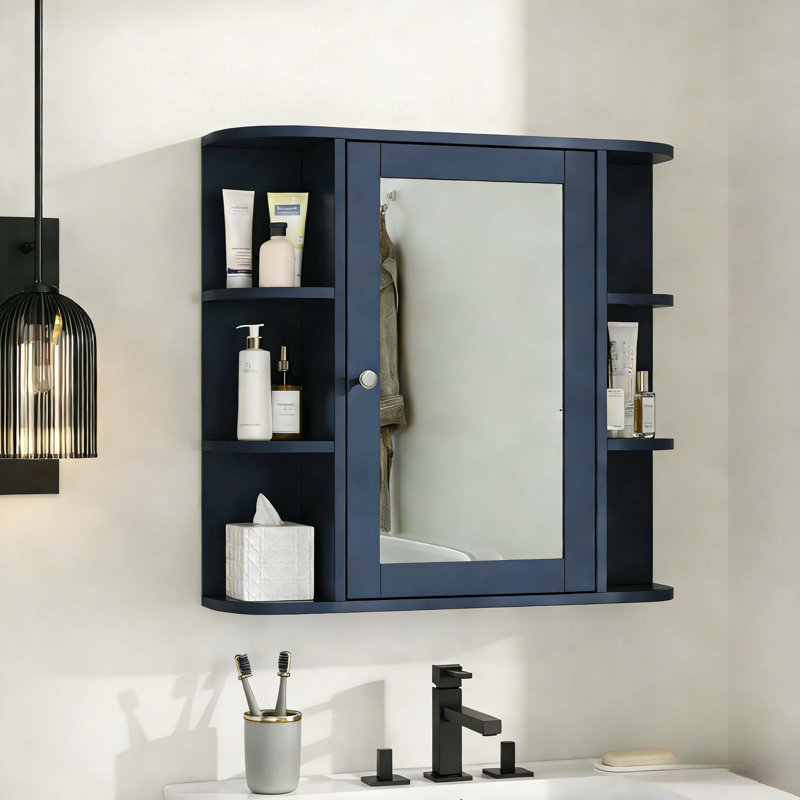 Bathroom Wall Storage Cabinet With Mirror, Medicine Cabinet With Adjustable Wood Shelf, Doors & 6 Open Shelves, Blue