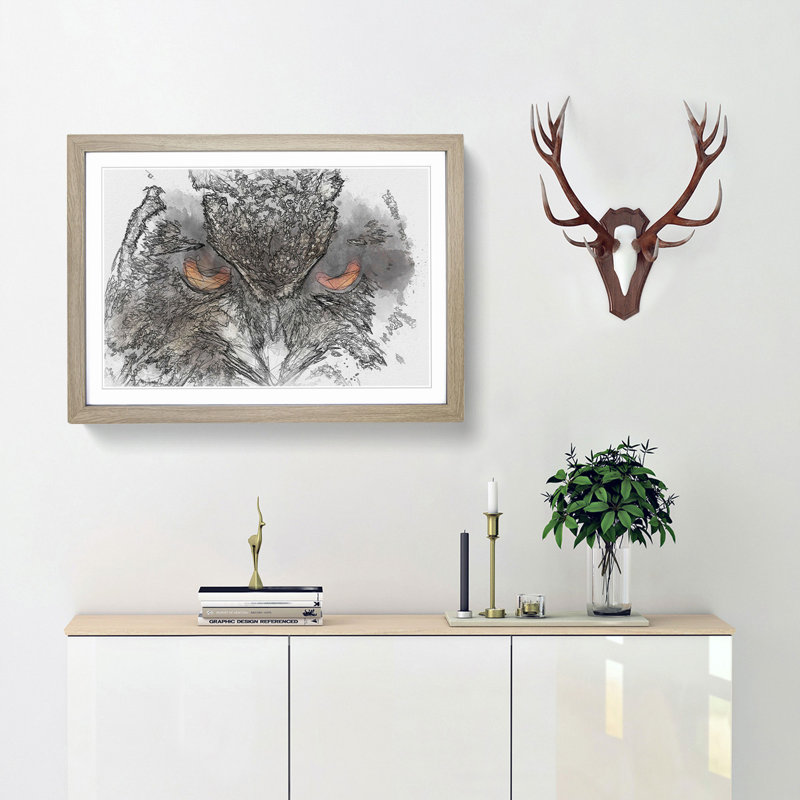 Great Horned Owl in Abstract - Picture Frame Graphic Art Print, 27cm H x 36cm W x 2cm D, Oak Framed