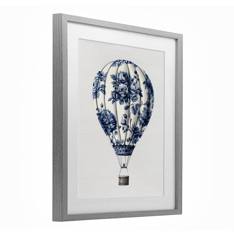Reproduction sous verre rétro encadrée d'une montgolfière, H 21 po x l 17 po, Cadre de ferme gris