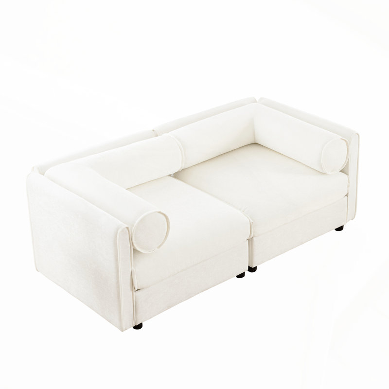 Stylish White Chenille 2-Seater Sofa with Storage, Cylindrical Backrest and Armrests, Modern Fabric Loveseat, White, 2