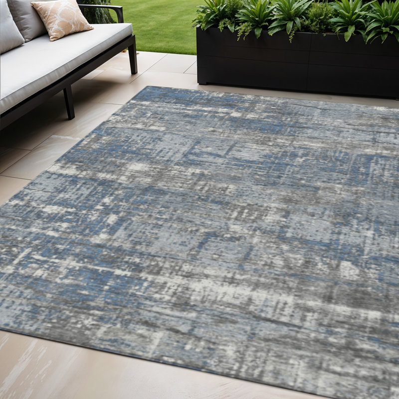 Tapis extérieur lavable à motif géométrique bleu et gris 5 pi x 8 pi