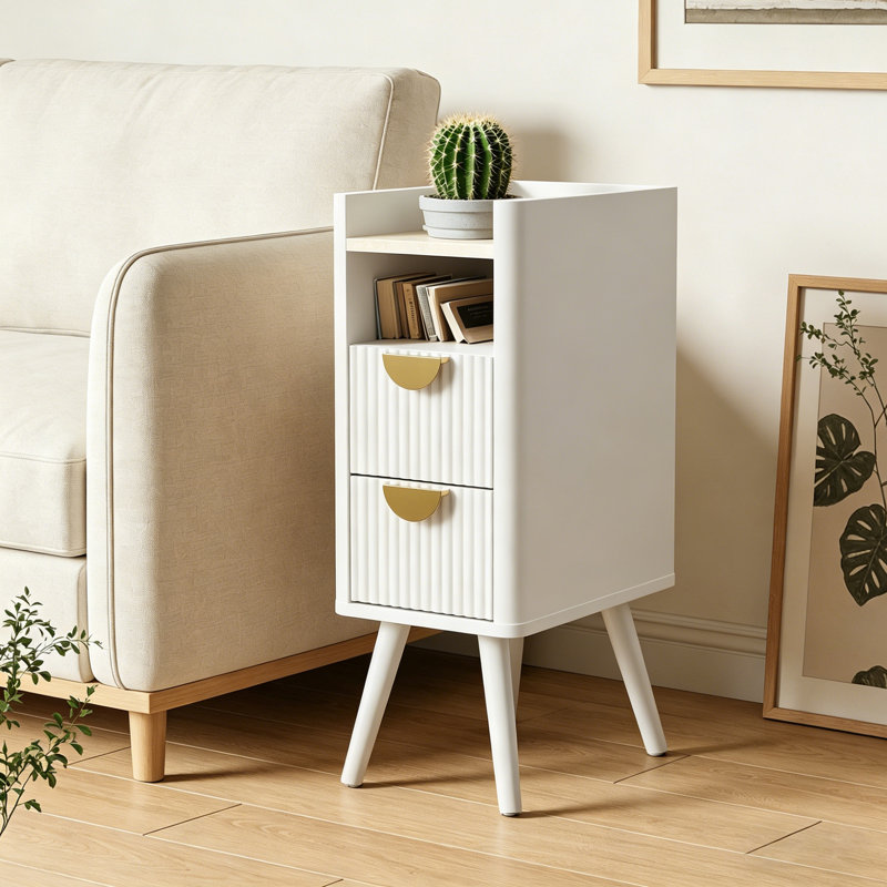 Table de chevet étroite à 2 tiroirs et tablette ouverte, Blanc, Individuel