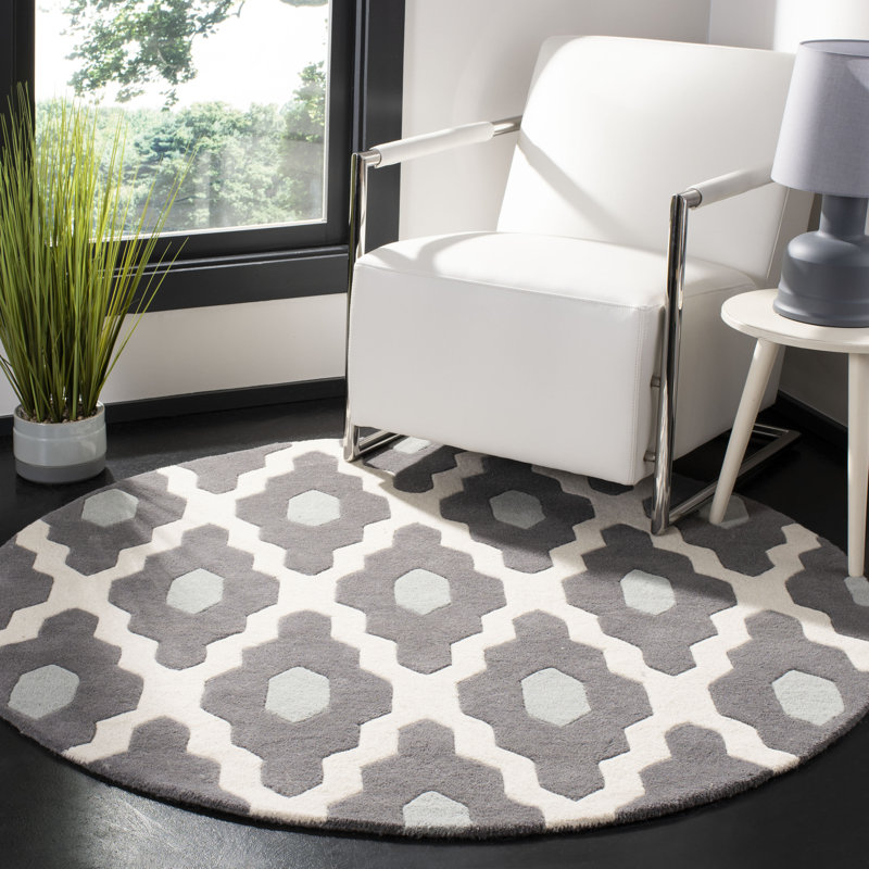 Tapis gris foncé / ivoire / vert en laine touffeté à la main à motif géométrique Carolene, Rond 3 pi