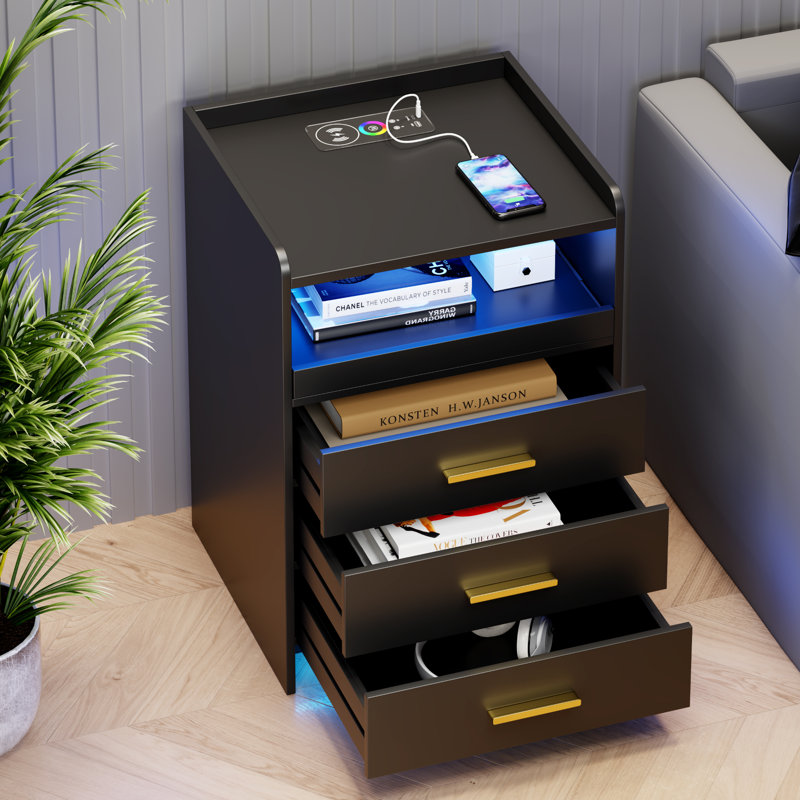 3 Drawers Bedside Table with Charging Station and Led Lights, Black