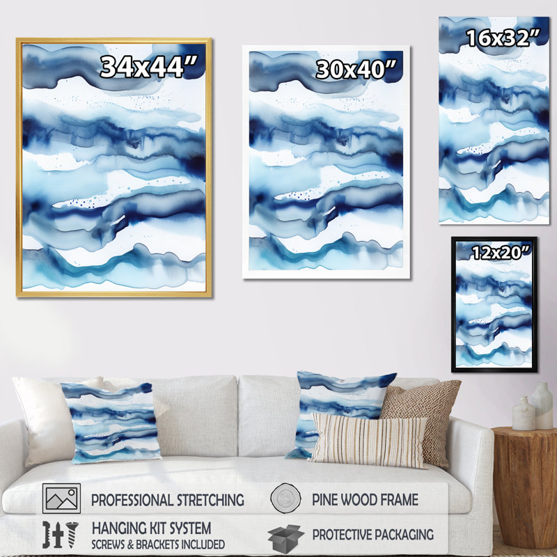 «Abstract Classic Blue Waves I» sur toile, Toile tendue, H 40 po x l 30 po x P 1,5 po