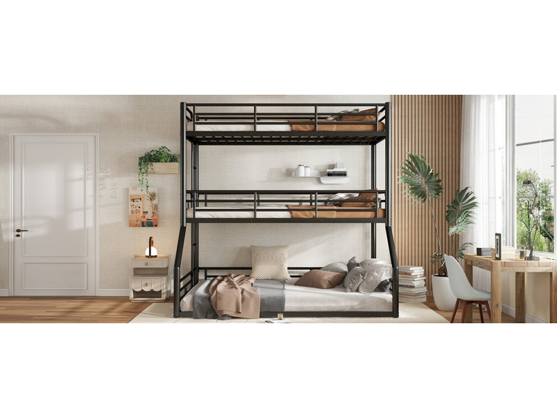Auzie Metal Triple Bunk Bed With Safety Guardrails And Noise-Reducing Design, Black