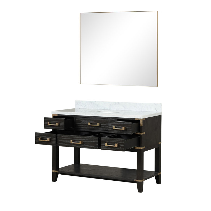 Meuble-lavabo simple en chêne noir 48 po X P 22 po D, plateau en marbre de Carrare et Miroir, Noir / Carrare