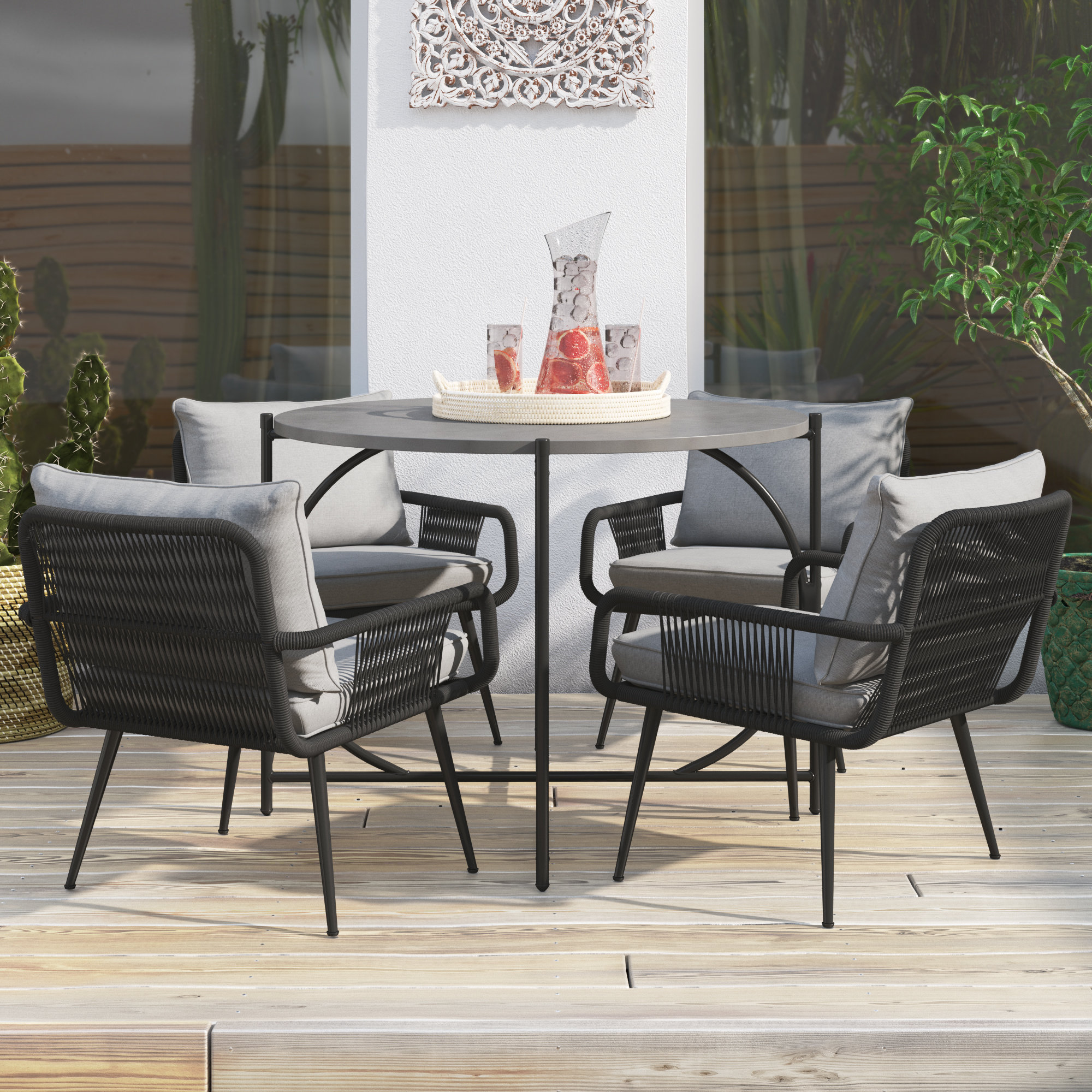 Mistana™ Almaraz Modern All-Weather Outdoor Dining Set with 4 Woven ...