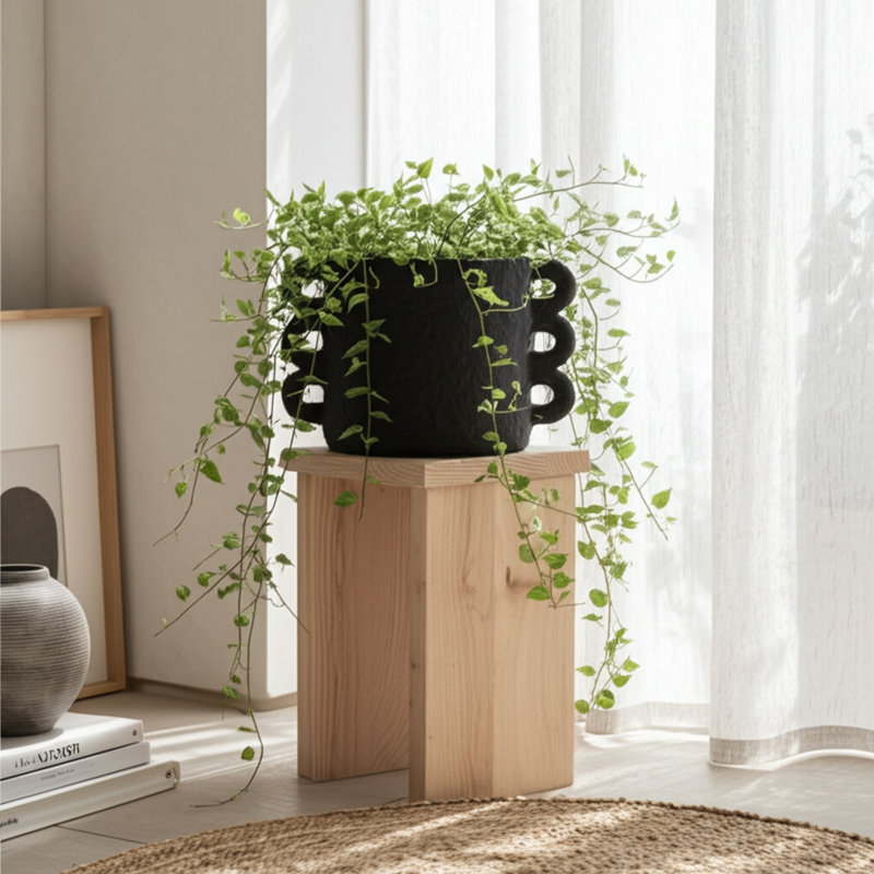 Pot de fleurs en poterie et ciment avec poignée unique à boucles multiples, H 8 po x l 13 po x P 9 po, Noir