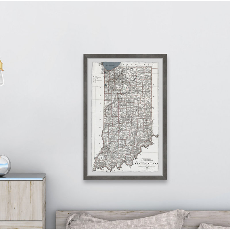 State of Indiana - Reproduction d'art graphique sur papier encadré, H 30 po x l 20 po x P 1,5 po