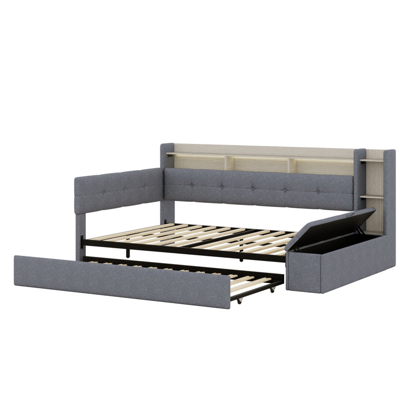 Modern Upholstered Daybed with Storage Footstool, Built-In Shelves, Trundle, USB and LED, Grey