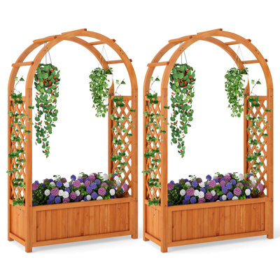 2 Pcs Raised Garden Bed Wooden Elevated Planter Box With Lattice Trellis & Ached Roof