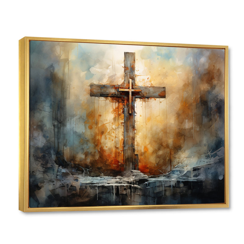 Croix, symbole puissant - art mural, H 34 po x l 44 po x P 1,5 po, Cadre flottant doré