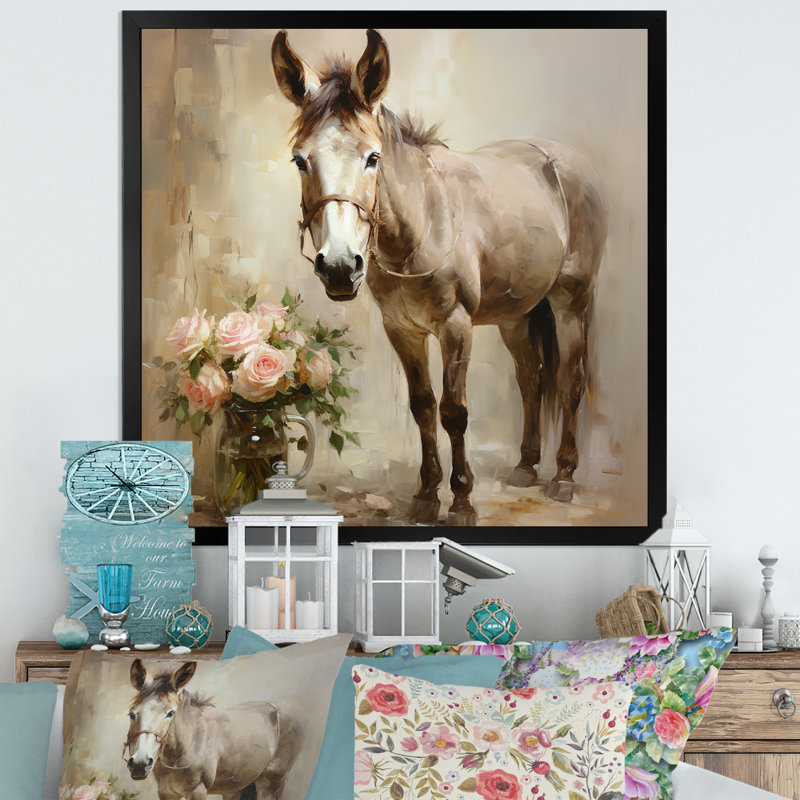 «Farmhouse Donkey In Field I», art mural âne, Cadre simple noir, H 30 po x l 30 po x P 1,5 po