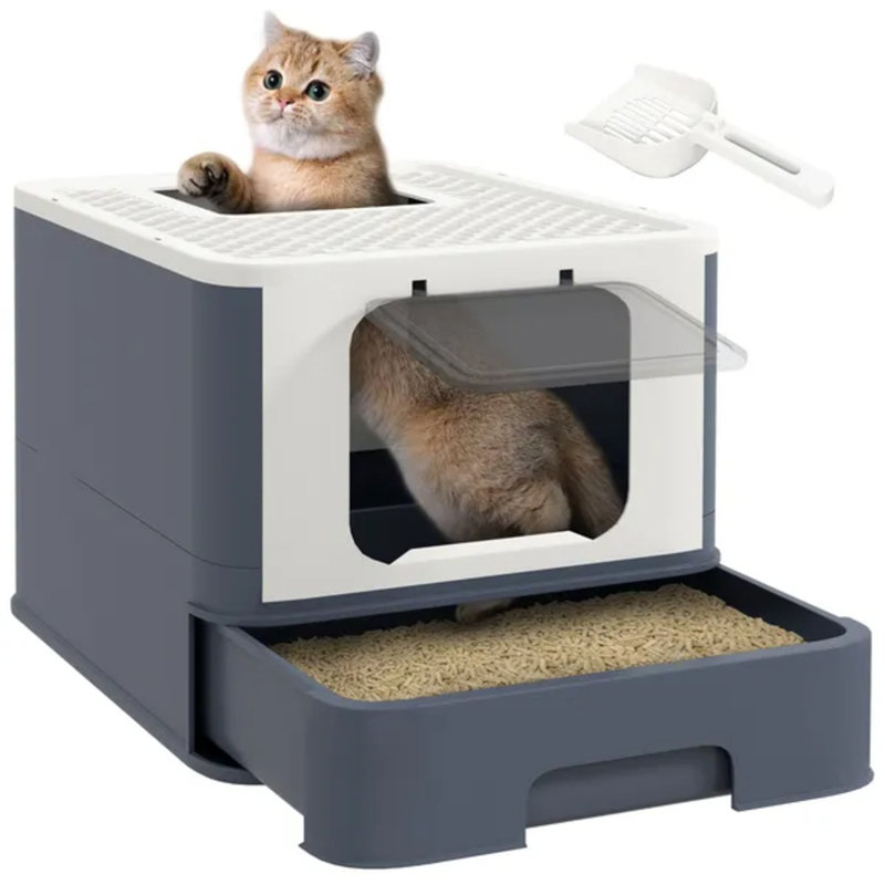 White Covered Cat Litter Box, Front Entry & Top Exit with Scoop for Large Cats