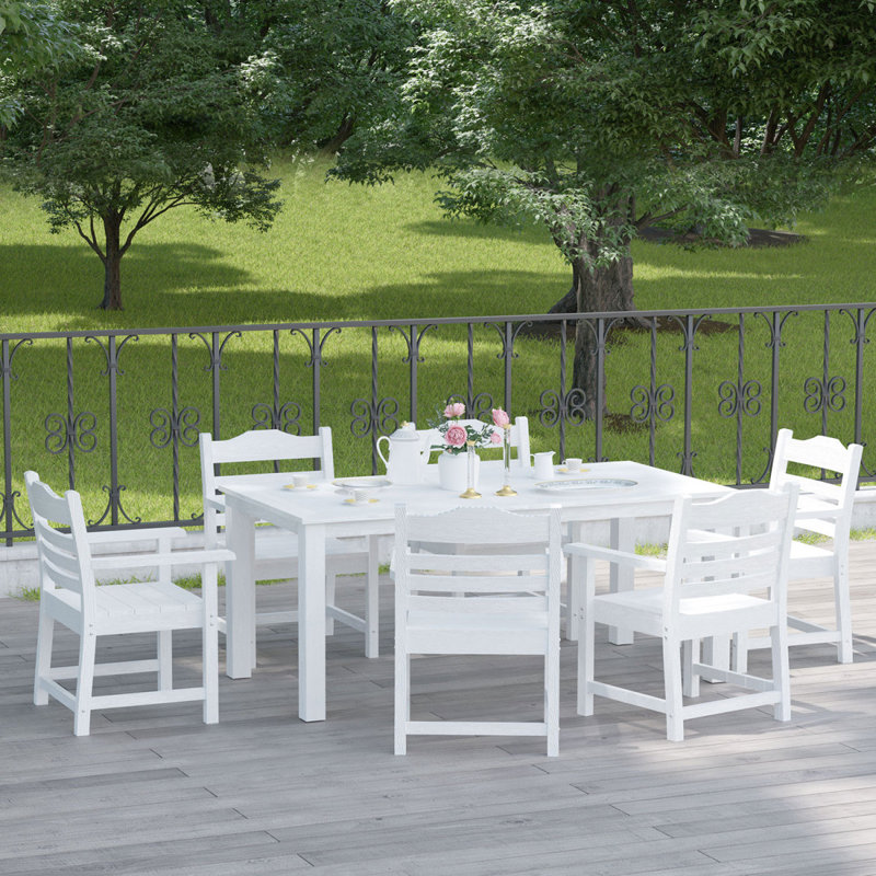 Patio Dining Chair With Armset Set Of 2, Pure White With Imitation Wood Grain Wexture,HIPS Material, White