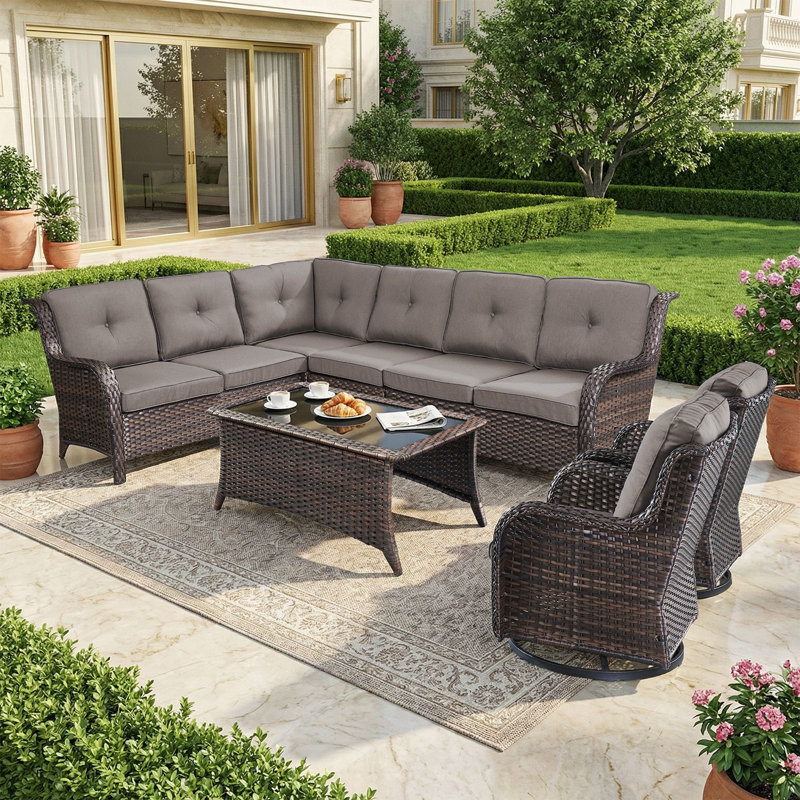 Ensemble de canapé d'angle 4 pièces en résine tressée pour terrasse avec fauteuils pivotants, Gris