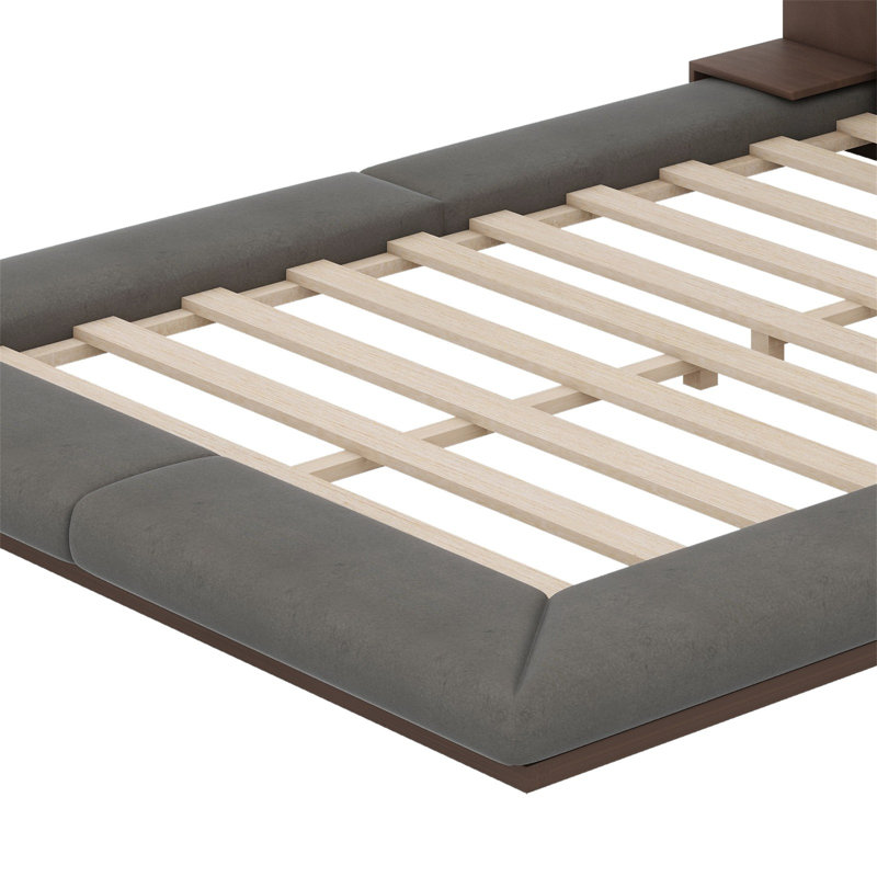 Lit plateforme au sol avec tête de lit allongée et tablette de chevet, Grand lit