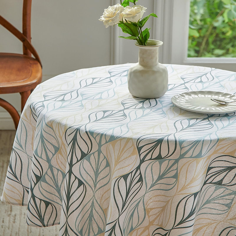 Stripe Leaves Cotton Linen Round Tablecloth, Vintage Design for Dining, Party, Picnic, Garden (140cm)