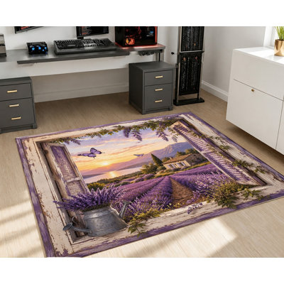 Tapis d'intérieur « Champ de lavande et coucher de soleil », cadre de fenêtre vintage avec papillon et arrosoir, imprimé paysage artistique, tapis antidérapant, décoration intérieure pour salon, chambre, entrée, cuisine, appartement