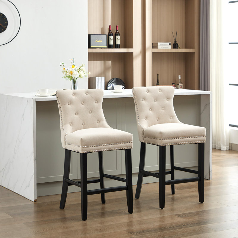 27.5'' Upholstered Bar Counter Stool with Solid Wood Frame(Set of 2), Beige