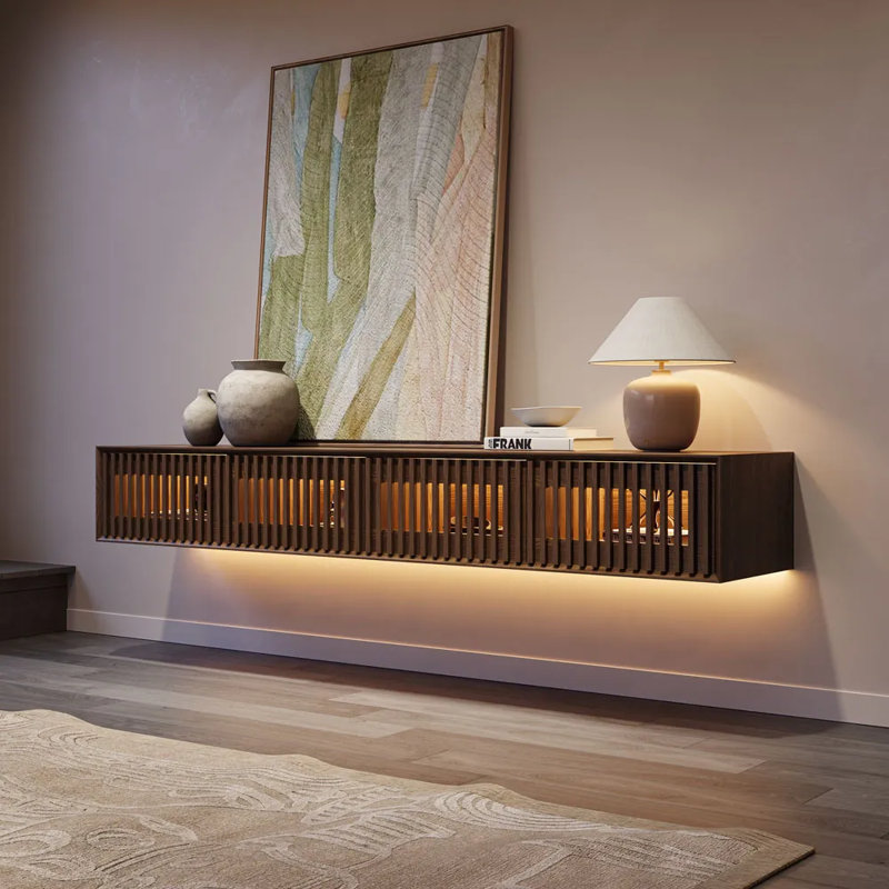 Meuble télé moderne avec lumière DEL, H 11,02 po x L 78,74 po x l 15,75 po, Brun