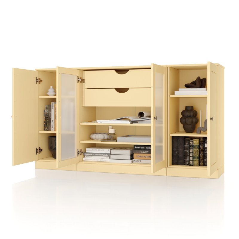 Buffet 100% bois massif 65 po avec portes en verre massif givré, 2 tiroirs et tablettes réglables, Jaune