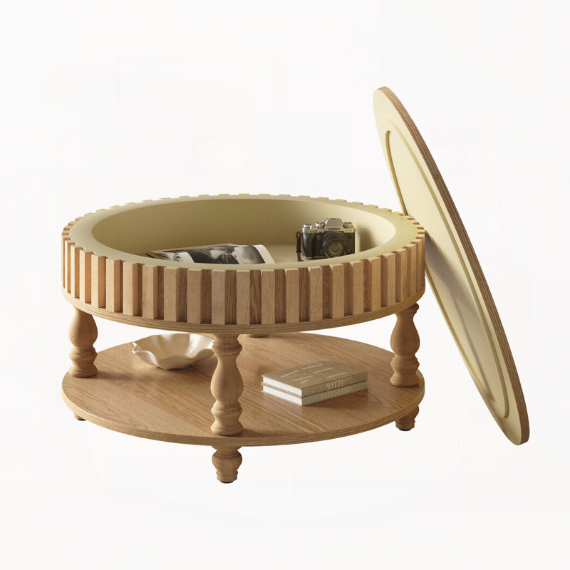Table basse cannelée de style moderne du milieu du siècle avec rangement, table centrale en bois naturel avec couvercle rabattable et pieds en bois pour le salon
