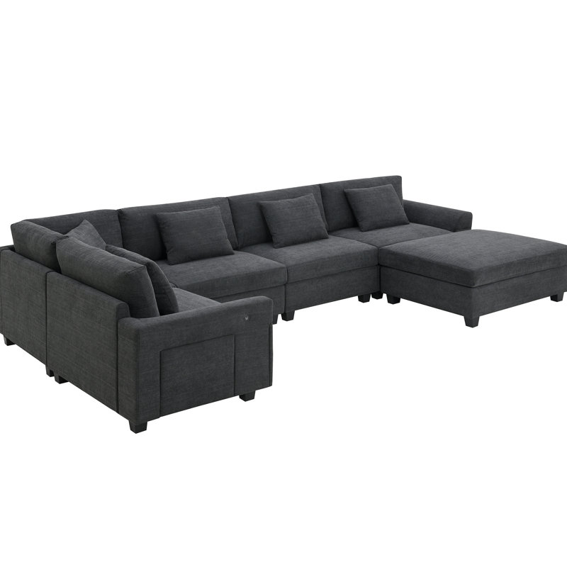 Canapé modulaire en U 6 places, canapé en chenille, avec rangement, compartiments pour accoudoirs et porte-gobelets, Noir