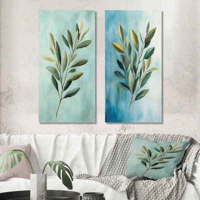 Feuilles ensoleillées sur fond bleu - Ensemble de 2 décorations murales de feuilles