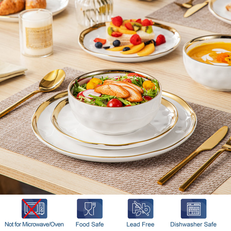 12 Piece Ceramic Dinnerware Set - Service for 4 , White/Gold