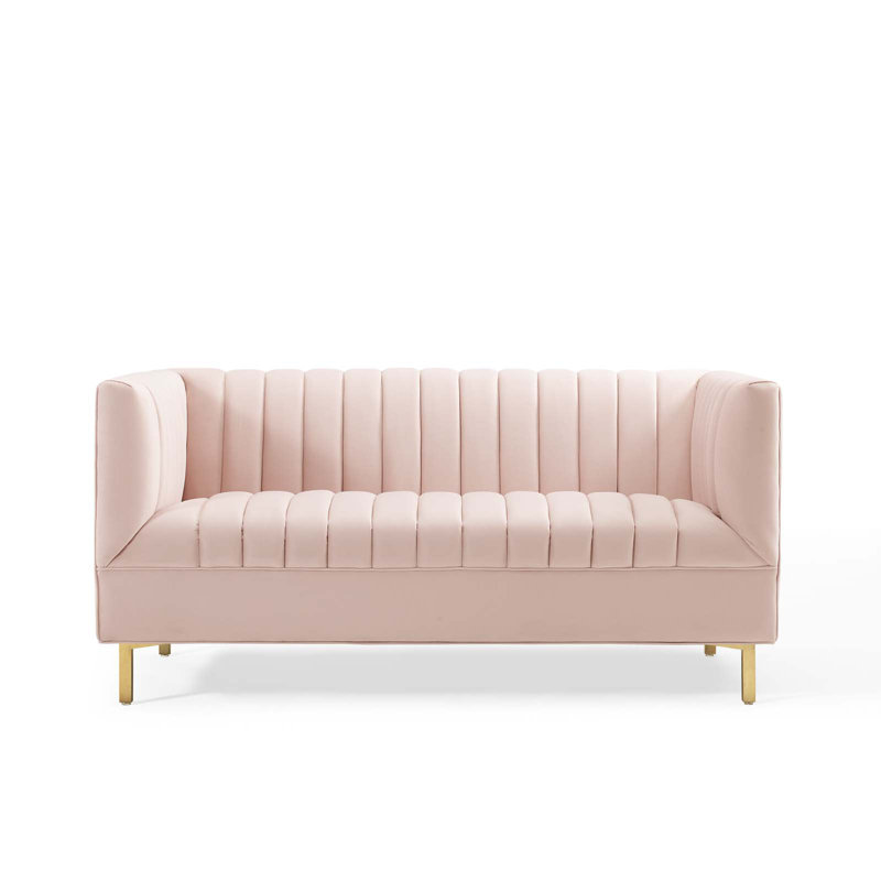 Pink Velvet Tufted Loveseat with Gold Legs
