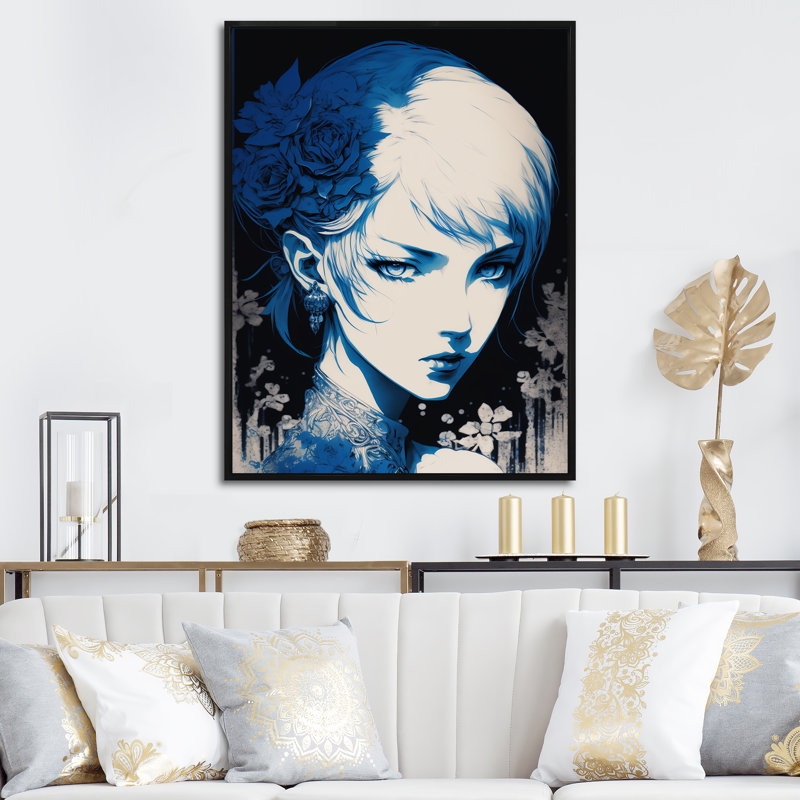 Dessin rétro sur fond bleu Edm Wilson, H 40 po x l 30 po x P 1,5 po, Cadre flottant noir