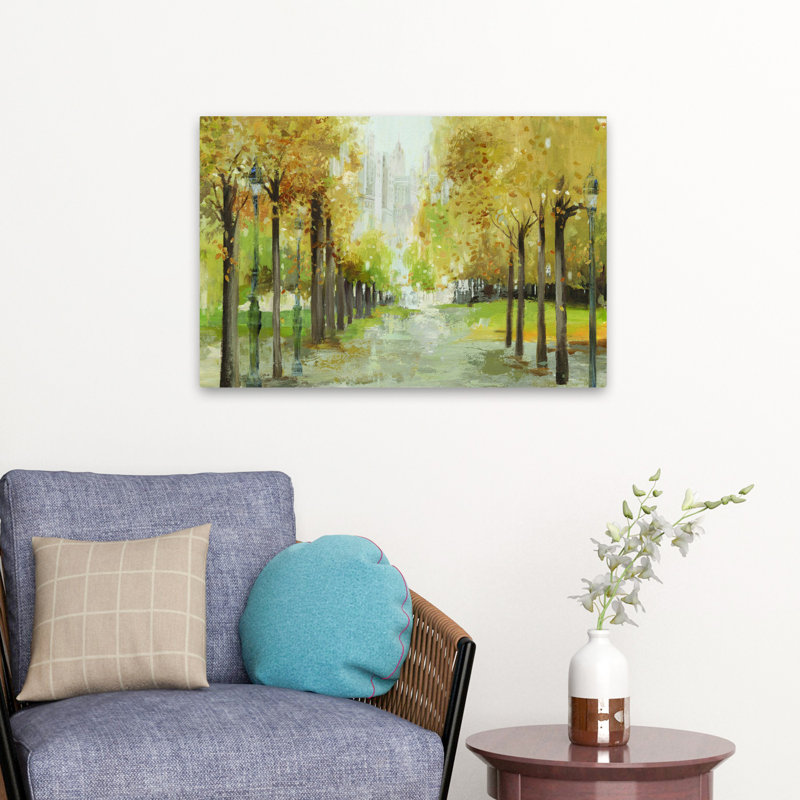 Golden Pathway, paysage, arbre, sentier, peinture, impressionnisme, art naturel, art contemporain, H 24 po x l 16 po