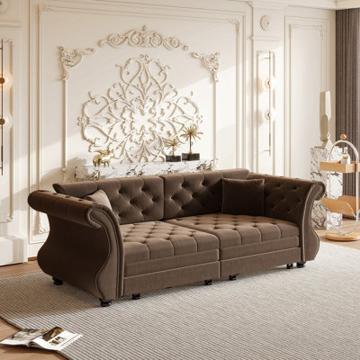 83.8" Oversized Chesterfield Pull Out Sofa Bed, Classic Roll Arm Velvet Couch With Flower Tufting, Upholstery For Living Room/Bedroom/Apartment