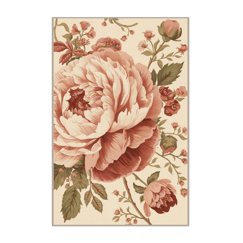 Tapis beige français à motif de pivoines lavables à la machine - reliure beige, 7 x 10