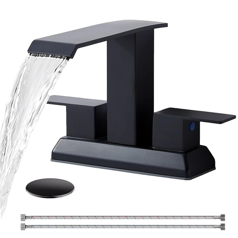 Robinet de salle de bain noir à cascade 4 pouces, 2 poignées et 3 trous noir mat, robinet de lavabo de lavabo avec bonde escamotable et tuyaux d'alimentation