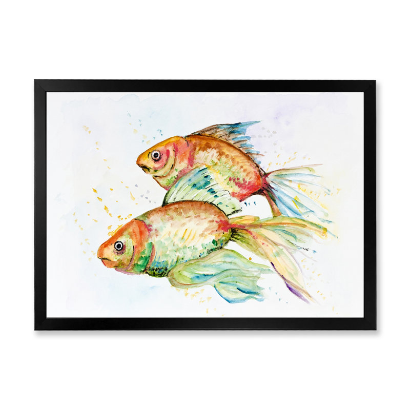 Deux poissons rouges rétro - reproduction d'art sur toile traditionnelle, Cadre noir, H 8 po x l 12 po x P 1 po