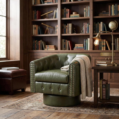 Swivel Barrel Accent Chair 360° PU Leather Armchair with Rivets, Modern Round Comfy Lounge Seat for Living Room Bedroom (Green, 2-Pack)