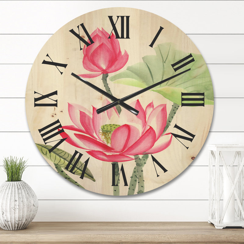Fleur de lotus rose rétro - horloge murale traditionnelle en bois, Moyen