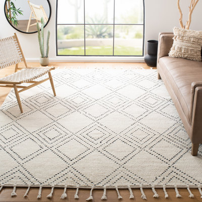 Tapis géométrique en laine / coton tissé à la main Mehaffey en ivoire / noir