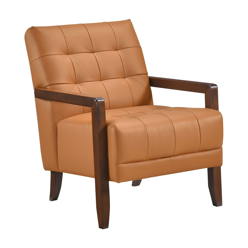 Chaise en cuir orange avec siège confortable et base noyer avec accents contemporains rembourrés de mousse flamboyante