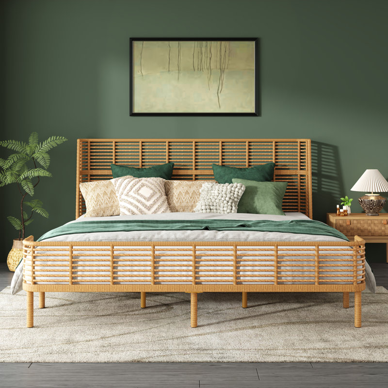 Soltera Coastal Boho PE Wicker Bed With Wing Back Headboard And Metal Frame Support, King