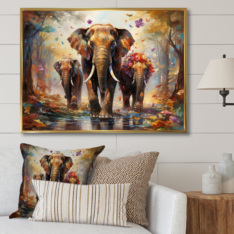 Art asiatique, éléphants thaïlandais VII, reproduction d'art sur toile, H 16 po x l 32 po x P 1 po, Cadre flottant doré