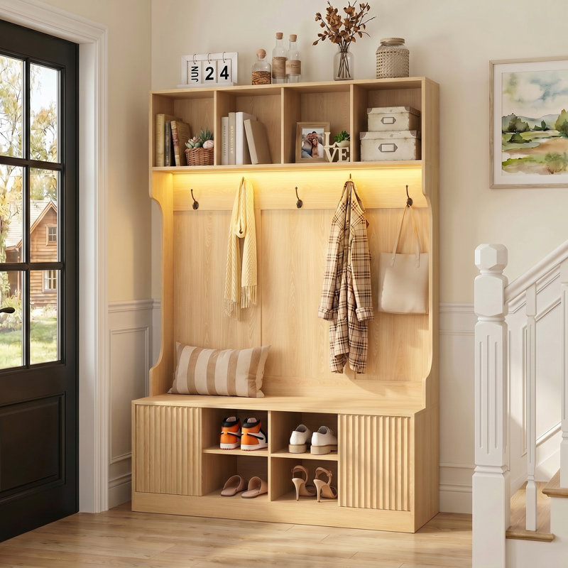 Extra Large Hall Tree with Bench and Shoe Storage, Multi-Purpose Entryway Bench with Coat Rack, 5 Double Hooks and 8 Open Compartments