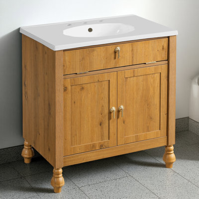 Armoire de salle de bain de couleur noyer de 30 pouces, lavabo en résine avec texture unique, rangement rabattable et porte à fermeture en douceur, prenant en compte à la fois le rangement et l'expérience utilisateur