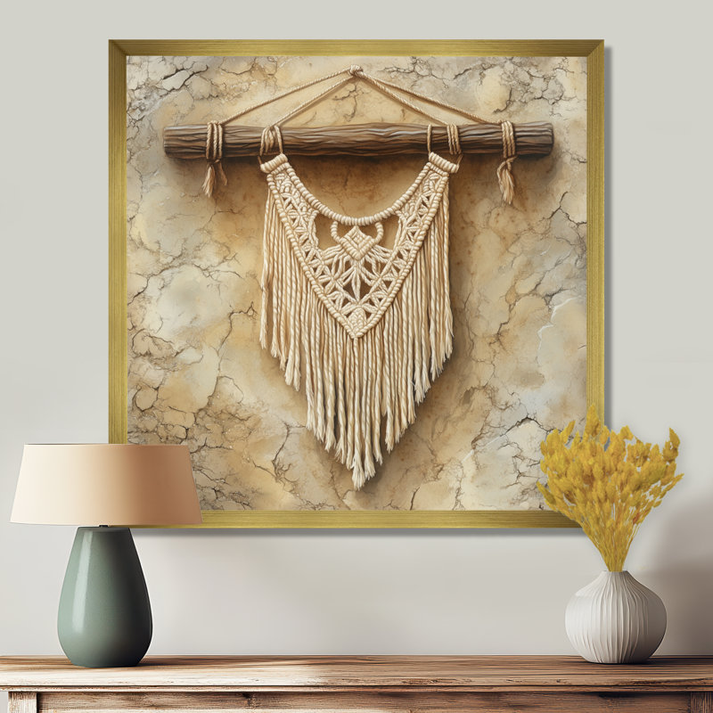 Esprit macramé beige, brun et doré I - Tableau bohème abstrait encadré, H 24 po x l 24 po, Gold Picture Framed